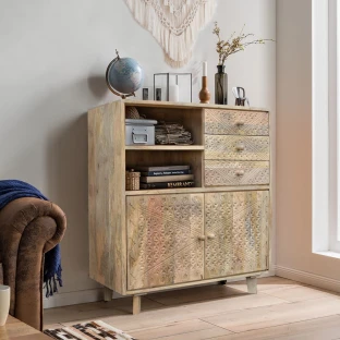 Komoda Boho Chic | Rzeźbione Meble Indyjskie z Półką i Szufladami