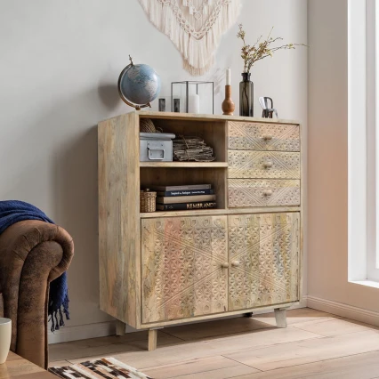 Komoda Boho Chic | Rzeźbione Meble Indyjskie z Półką i Szufladami