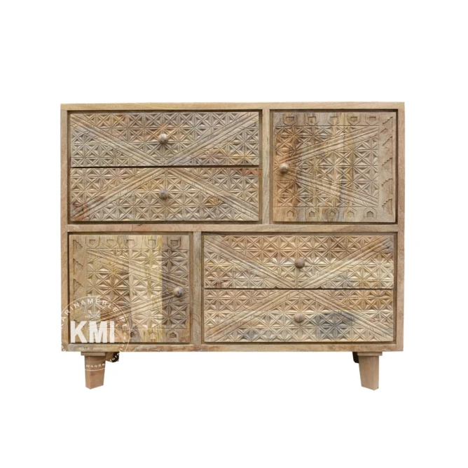 rzeźbiona komoda Boho Chic 100cm jasne drewno mango geometryczne wzory