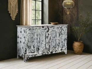 Biała Komoda Rzeźbiona z Drewna Mango Secret Garden 182 cm