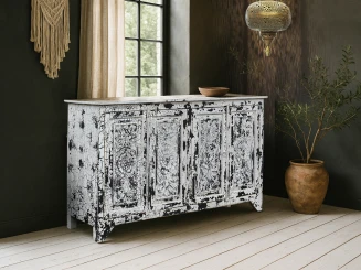 Biała Komoda Rzeźbiona z Drewna Mango Secret Garden 182 cm