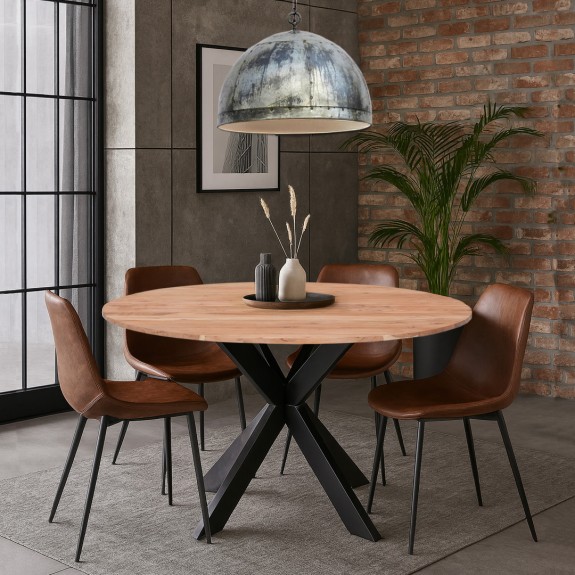 Stół loftowy okrągły 140 cm z drewna akacja indyjskiego – meble industrialne z nogi pająk