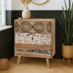 Wąska Drewniana Komoda Indyjska Qumin 70 cm | Szafka Boho Mango