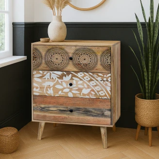 Wąska Drewniana Komoda Indyjska Qumin 70 cm | Szafka Boho Mango