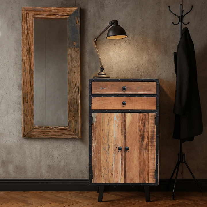 komoda industrialna ze starego drewna i metalu w aranżacji loftowej vintage
