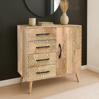 Komoda Drewniana STRIPES 90 cm | Drewno Mango Boho z Szufladami
