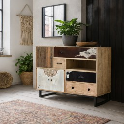 Komoda Loftowa Westport 115 cm | Drewno Mango, Stary Tek i Skóra