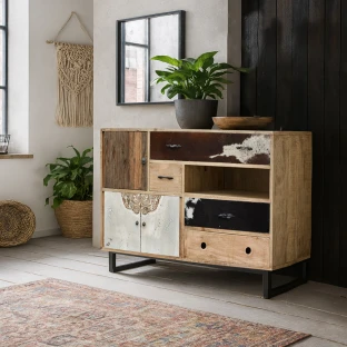 Komoda Loftowa Westport 115 cm | Drewno Mango, Stary Tek i Skóra