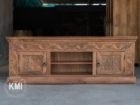 Szafka RTV indyjska rzeźbiona Saffron (170 cm) z drewna mango. Szafka RTV w stylu orientalnym z motywem kwiatowym.