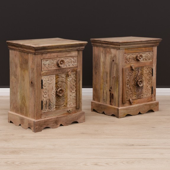 Szafka nocna indyjska rzeźbiona z drewna mango, komplet 2 szt. Szafka nocna orientalna z szufladą i drzwiczkami. Meble indyjskie do sypialni.