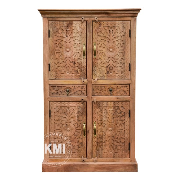 Wysoka komoda orientalna rzeźbiona jasny orzech - meble indyjskie z drewna mango