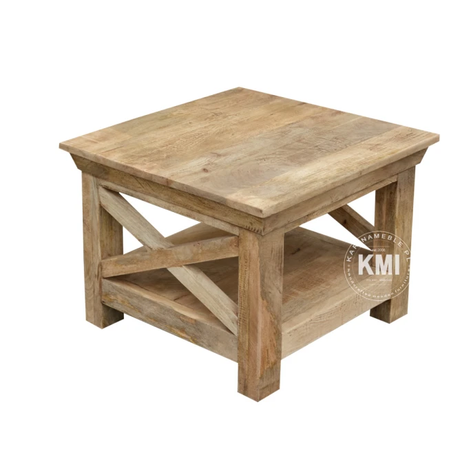 Kwadratowy stolik kawowy Cross 60x60, meble drewniane Hampton, rustykalna ława.