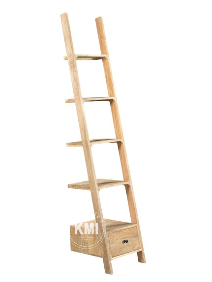 nowoczesna biblioteczka drabina z litego drewna mango w stylu boho z szufladą
