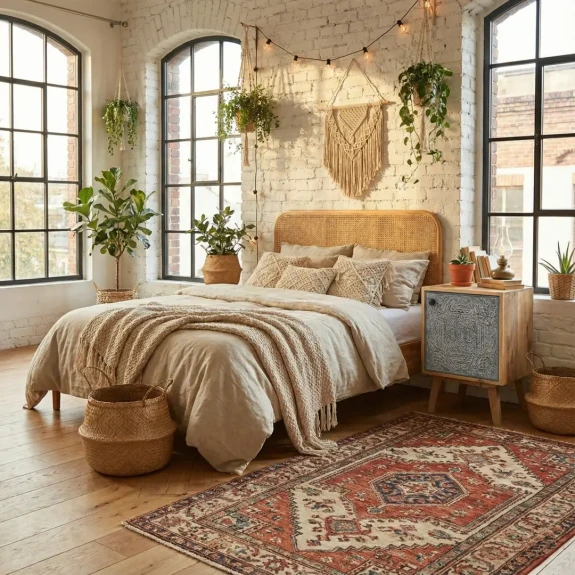 Indyjska szafka nocna Lumi rzeźbiona z drewna mango w stylu boho