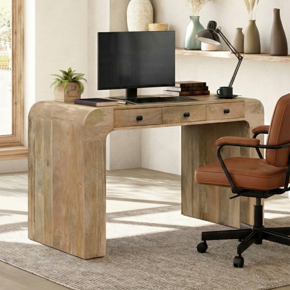 Nowoczesne biurko drewniane z litego drewna mango (120 cm). Meble indyjskie o opływowej formie z 3 szufladami. Idealne do gabinetu.