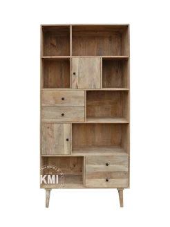 biblioteczka boho z drewna mango naturalne meble indyjskie regał na nóżkach z szufladami i szafkami