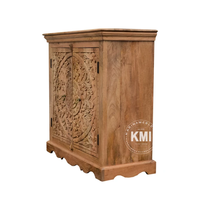 Meble orientalne do sypialni. Widok boczny drewnianej komody (90 cm) ukazujący solidną konstrukcję i naturalne usłojenie.