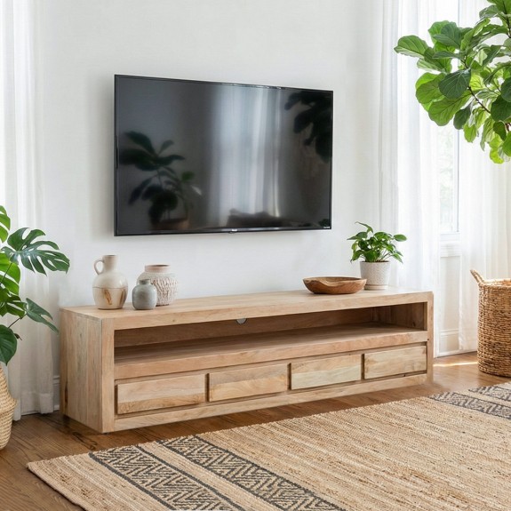 Szafka RTV mango 200 cm z szufladami. Nowoczesna szafka pod telewizor z litego drewna. Meble drewniane do salonu w stylu naturalnym.