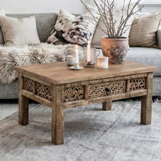 Orientalny Stolik z Szufladą Shanti 90 cm | Rzeźbione Meble Indyjskie