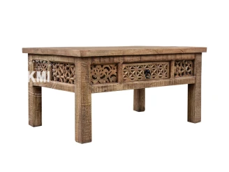 Orientalny stolik z szufladą Shanti 90 cm rzeźbiony ręcznie z postarzanego drewna mango | Meble Indyjskie