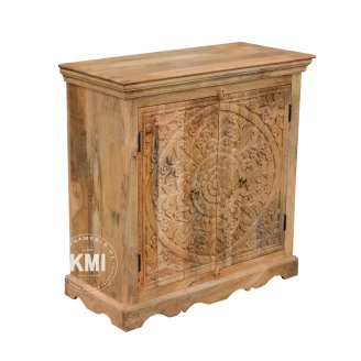 kwadratowa komoda rzezbiona widok pod katem eksponujacy boki z drewna mango meble boho