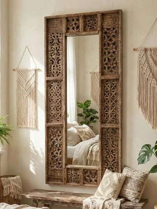 Orientalne Lustro Rzeźbione Shanti 150x60 z drewna | Meble Indyjskie