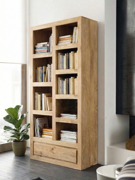 Nowoczesna biblioteczka asymetryczna 90cm meble z drewna mango do gabinetu