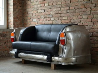 Sofa industrialna loft z tyłu samochodu Ambasador | czarna skóra