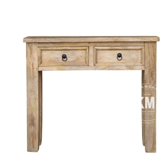 rustykalna konsola z litego drewna mango 90cm 2 szuflady styl farmhouse