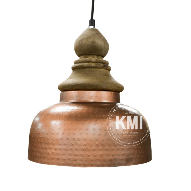 Mała lampa wisząca w kolorze miedzi z drewnianym zwieńczeniem oświetlenie nad wyspę