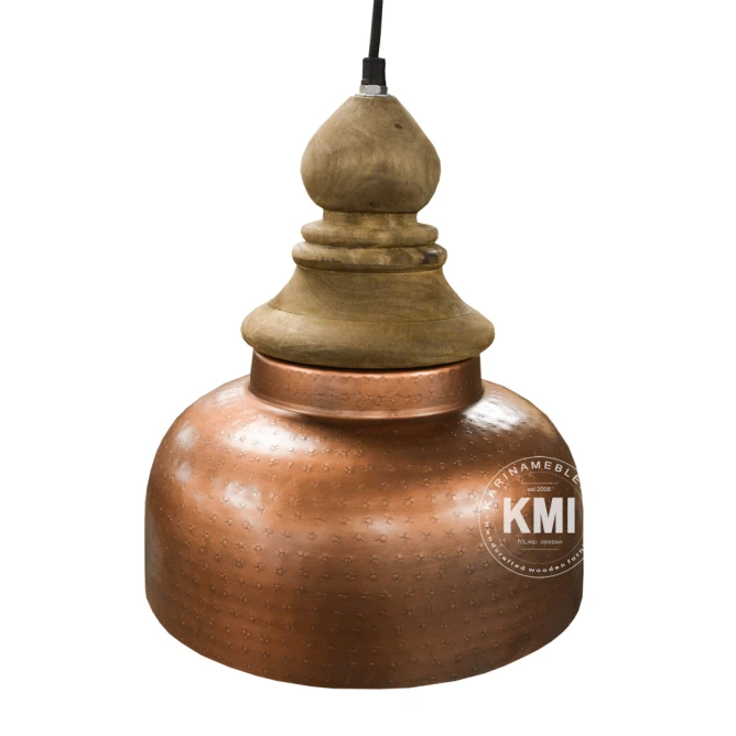Lampa orientalna z młotkowanego metalu miedziana podstawa z toczonym drewnem