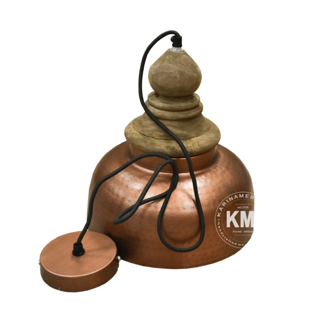 Miedziana lampa wisząca w komplecie z kablem oplotem i metalową podsufitką