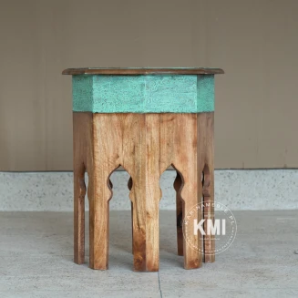 Orientalny Stolik Indyjski 40 cm Patynowany | Mosiądz i Drewno Mango