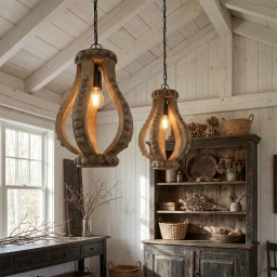 Lampa Wisząca Drewniana Rustykalna 43 cm | Shabby Chic i Hampton