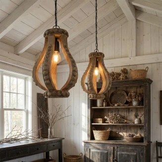 Lampa Wisząca Drewniana Rustykalna 43 cm | Shabby Chic i Hampton