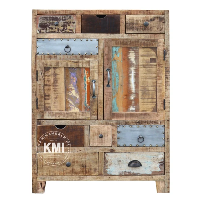 wysoka komoda industrialna Lost in Time z szufladami z recyklingu i metalu