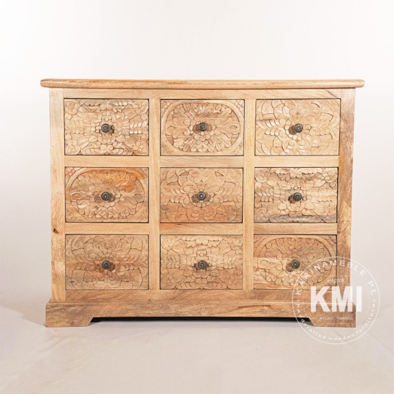 komoda indyjska naturalna z 9 szufladami rzeźbiona drewno mango
