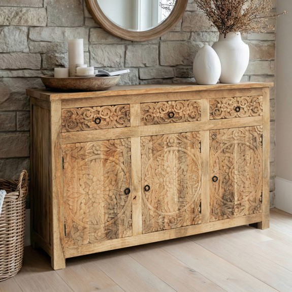 meble indyjskie komoda rzeźbiona boho 148cm drewno mango w salonie