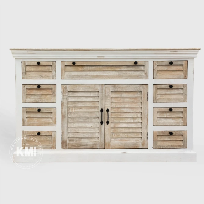 front białej komody 150 cm z elementami naturalnego drewna