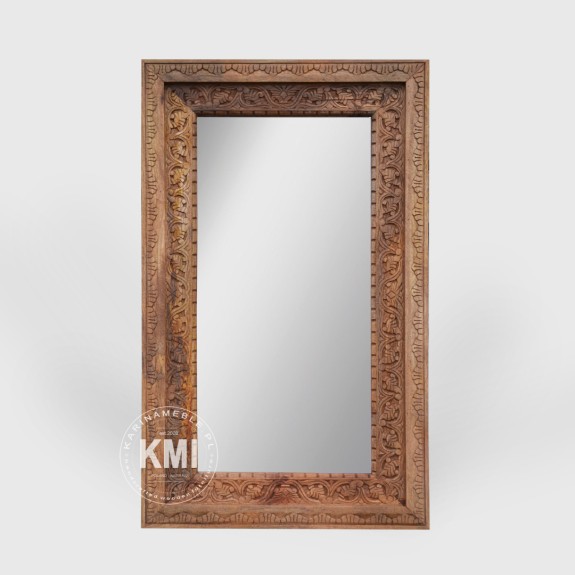 meble orientalne lustro 150x75cm gruba rama rzeźbiona jasny orzech