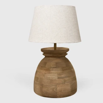 lampa drewniana rustykalna z drewna mango z kremowym abażurem