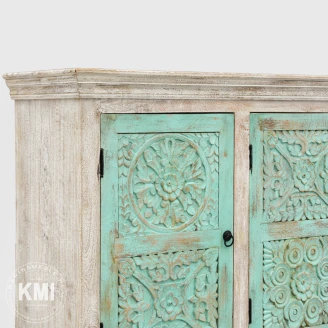 ręcznie rzeźbione fronty komody orientalnej turkusowe drewno mango shabby chic