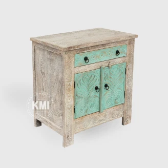 meble orientalne komoda rzeźbiona turkusowa 75cm drewno mango bielone