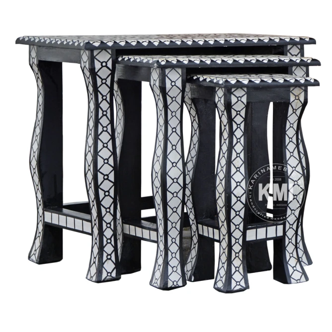 meble designerskie | trzy indyjskie stolikczki Black & White