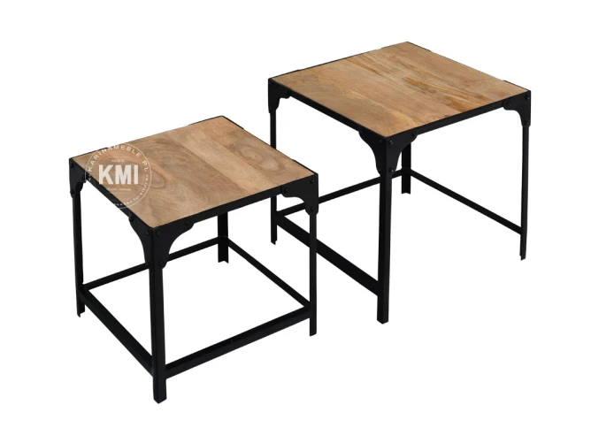 meble designerskie | komplet dwóch industrialnych stolików z drewna mango i metalu