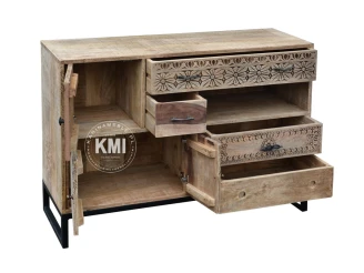 meble vintage | rzeźbiona loftowa komoda z drewna i metalu