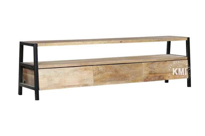 loftowa szafka rtv milo 175 cm z 3 szufladami jasne drewno mango i czarny metal na wprost
