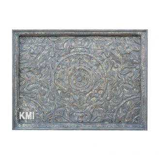 meble vintage | drewniany panel rzeźbiony szary przecierany 90x125