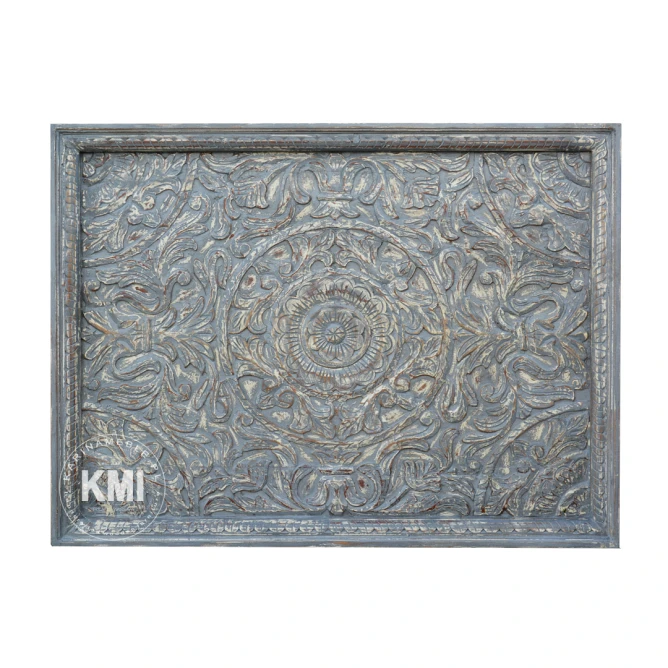 meble vintage | drewniany panel rzeźbiony szary przecierany 90x125