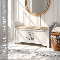 Biała ławka ze schowkiem i poduszką w stylu Hampton z drewna mango 120 cm